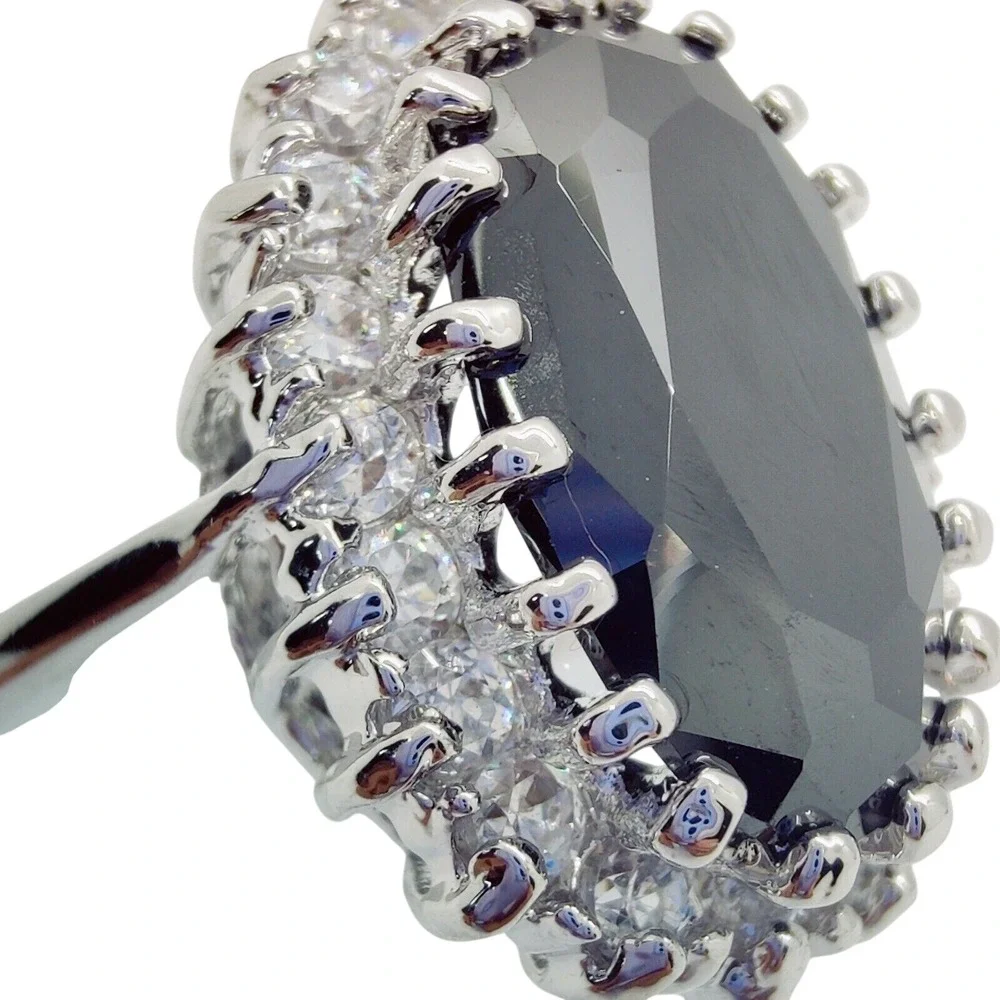 Oval Cut Black Gem CZ Halo Silver Tone Size 9 Statement Womens Cocktail‎ Ring